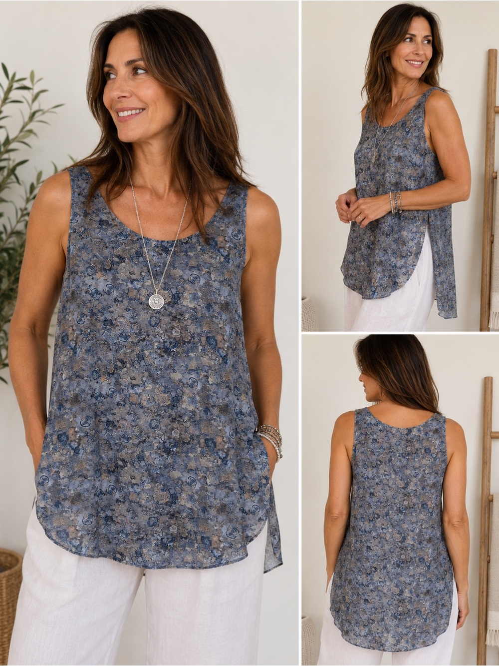 Eileen Fisher Blue Floral Scoop Neck Sleeveless Tunic Tank